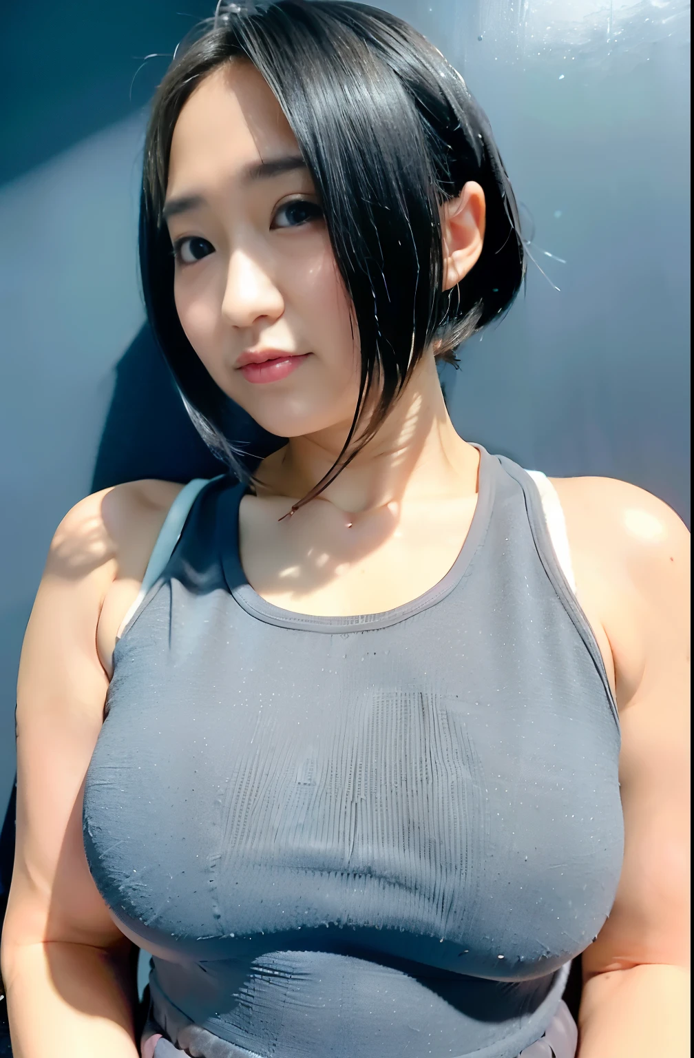 top-quality、超A high resolution、(Photorealsitic:1.4)、1人、pregnant, 40 weeks, ((big belly)), (faded ash gray hair:1)、(huge-breasted:1.4)、a closeup、grey camisole, nsfw, small body,