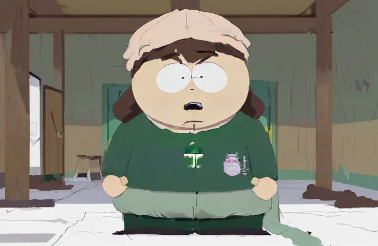 Dr Alphonse Mephesto eating Poop Cupcakes, Big Fat Man, Light skin, Light Brown Boonie Hat, Green Tracksuit, Cartman body