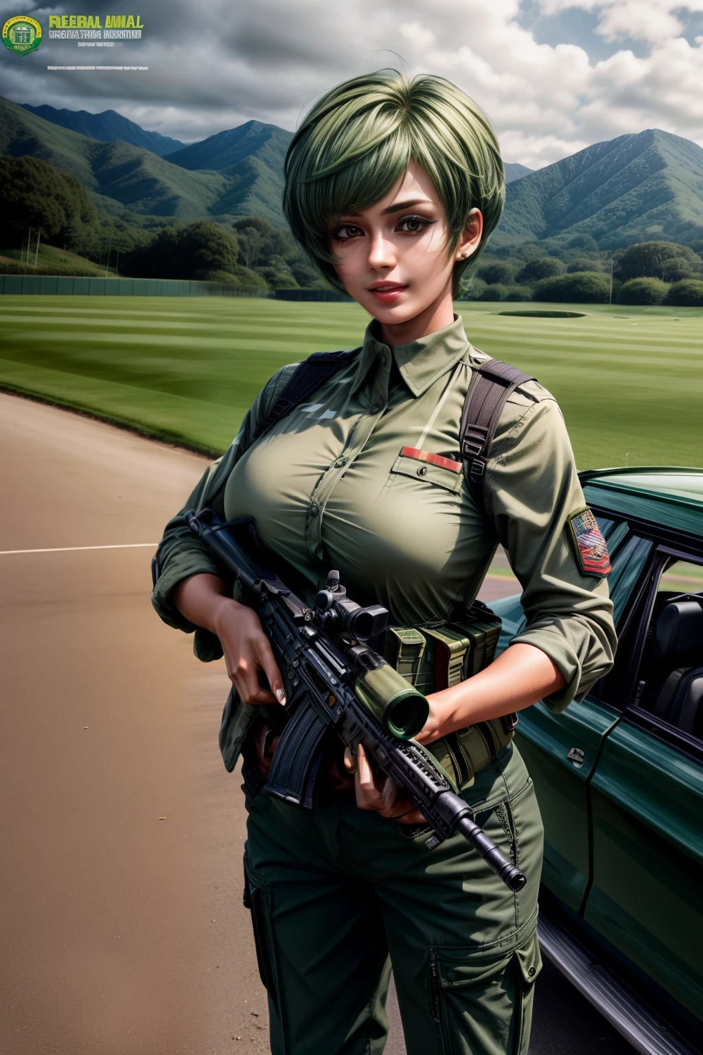Frederica Greenhill, 25, short cut, green hair, shoots automatic weapons at a driving range, wears army uniform with pants, Giga_Busty
