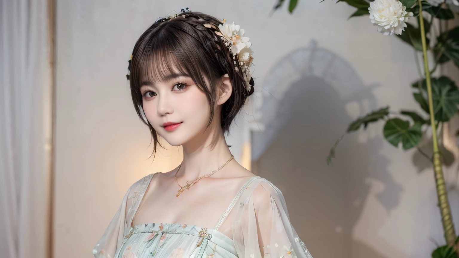 148
(20 year old woman,Floral costume), (surreal), (High resolution), ((beautiful hairstyle 46)), ((short hair:1.46)), (gentle smile), (breasted:1.1), (lipstick)