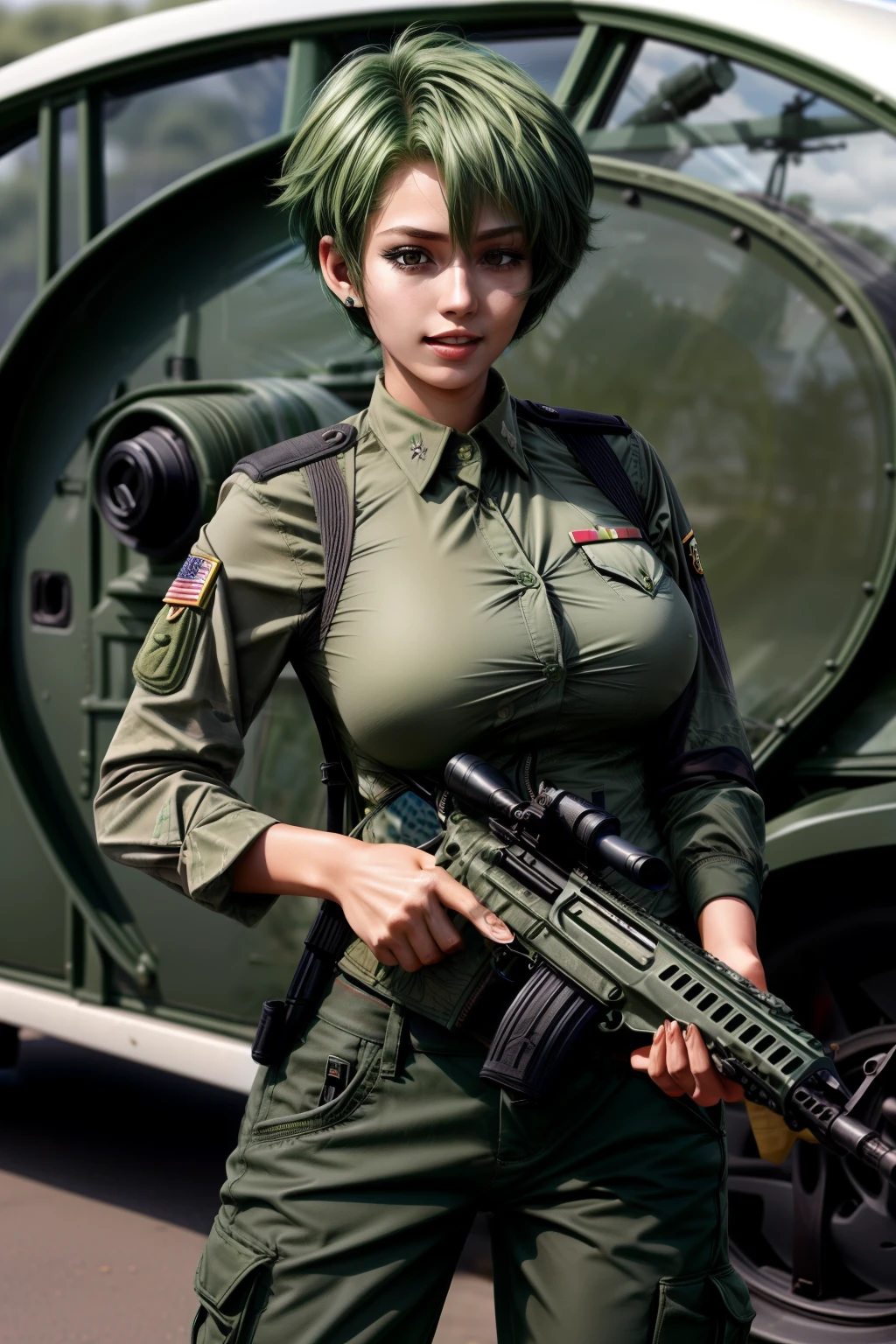 Frederica Greenhill, 25, short cut, green hair, shoots automatic weapons at a driving range, wears army uniform with pants, Giga_Busty