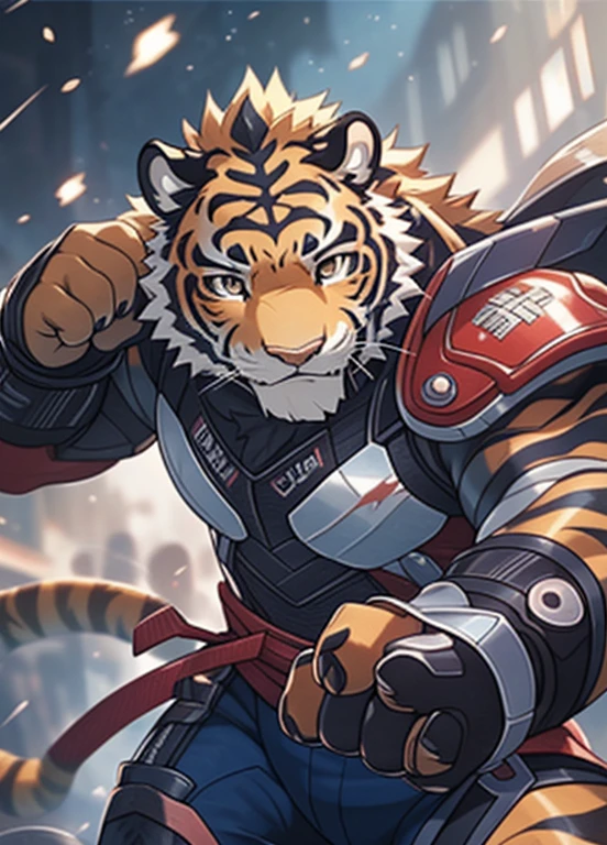 masterpiece, official art, hairy, male, Anthropomorphic tiger, delicate face, exquisite eyes, Fighting suits, There are scars on the face, finger tiger: 1.2, depth of field, perfect lighting, light particles, (best quality), (masterpiece), (Ultra-detailed), sharp focus, light particles