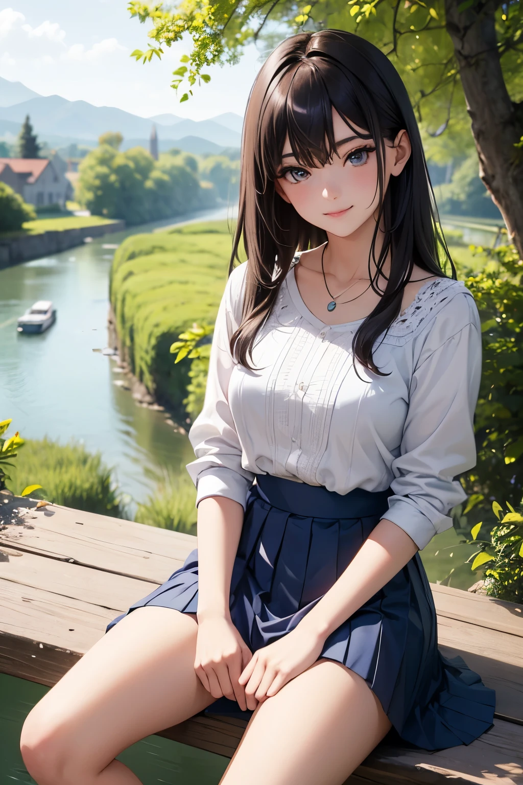 very cute and beautiful girl,(highly detailed beautiful face and eyes:1.2),
white camisole,sitting,spread legs,white panties,dynamic angle BREAK
 (smile),happy,looking at viewer,(pleated blue mini skirt:1.2),
countryside,narrow river side,bridge,trees,summer,detailed landscape,black hair,twin braid,
(best quality,masterpiece:1.2),intricate details,ultra-detailed,extremely detailed,highres,
solo,beautiful detailed sky,perfect hands,