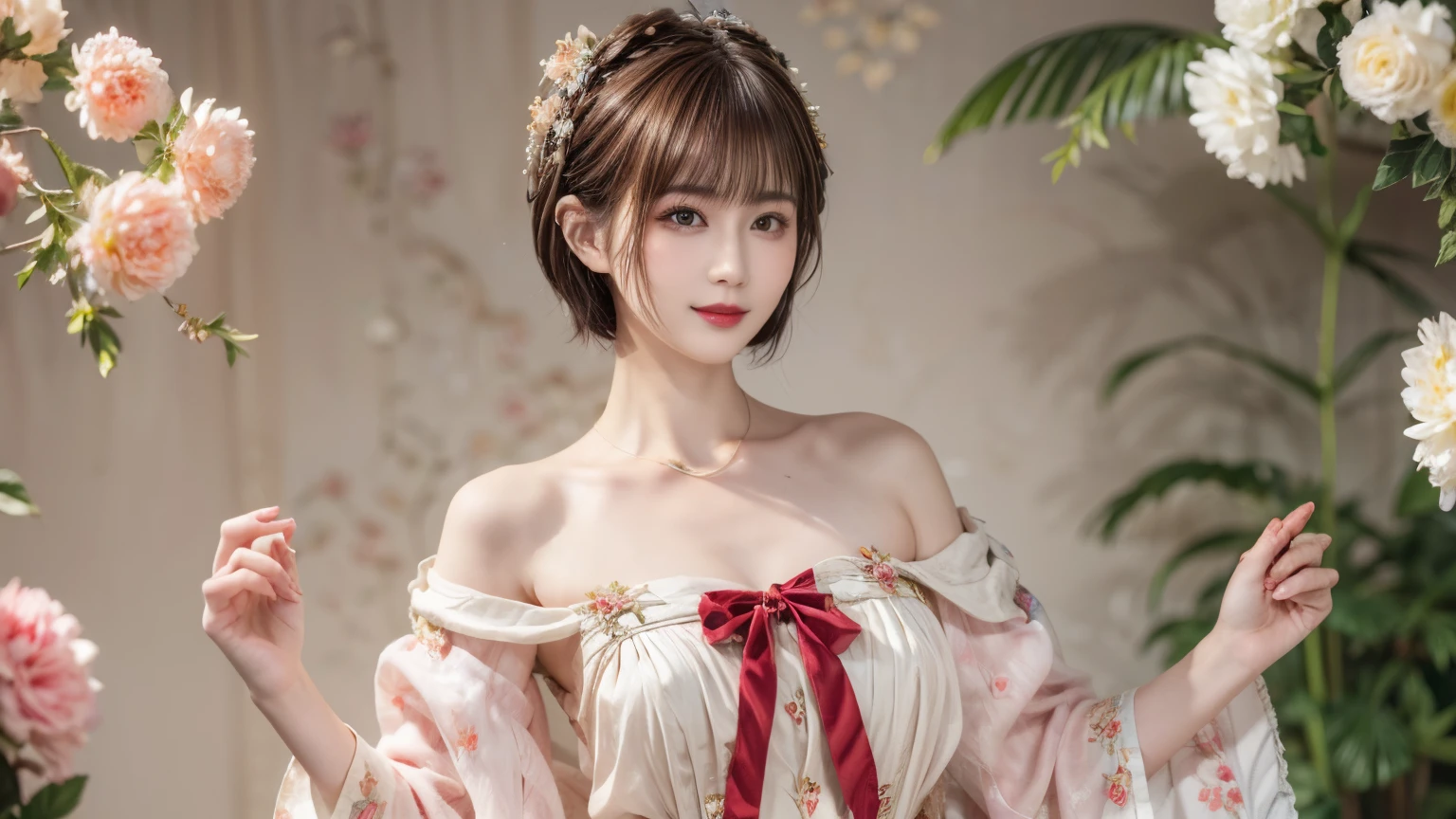 148
(20 year old woman,Floral costume), (surreal), (High resolution), ((beautiful hairstyle 46)), ((short hair:1.46)), (gentle smile), (breasted:1.1), (lipstick)
