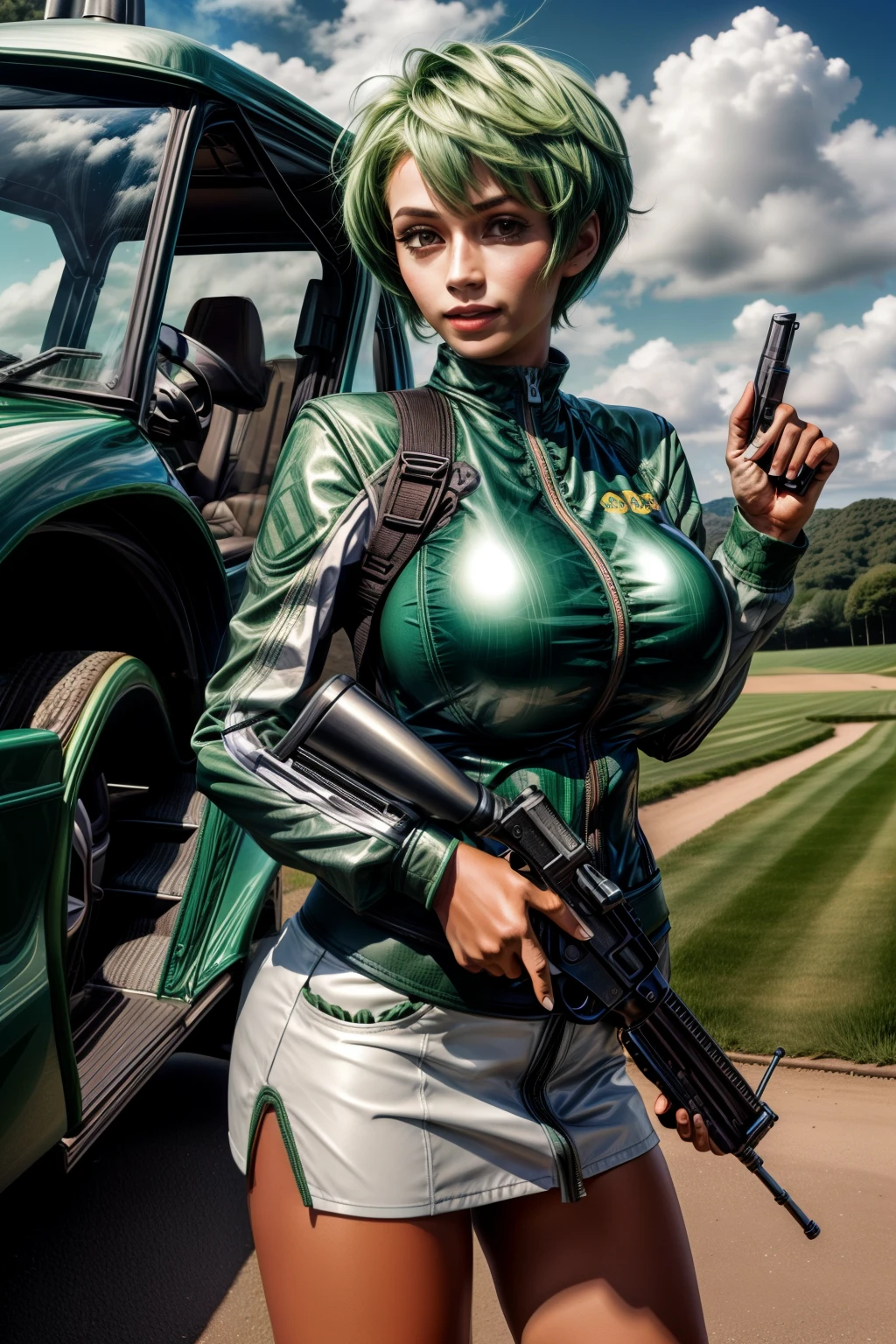 Frederica Greenhill, 25, short cut, green hair, shoots hand gun at a driving range,  Giga_Busty, wears white jumpsuits