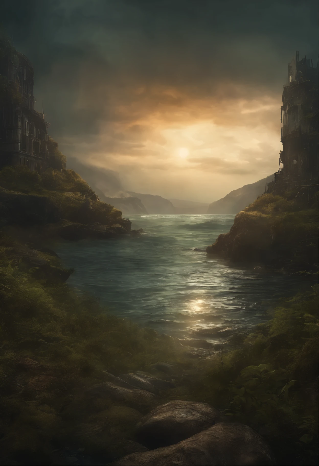 (highres,best quality:1.2),dystopian,fantastical illustration,ocean,mutant fish,unearthly landscape,glowing radioactive water,floating islands,post-apocalyptic scenery,floating whale carcass,otherworldly creatures,green toxic fog,desolate ruins,enchanted forest,ominous clouds,barren wasteland,ethereal moonlight,bioluminescent flora,crumbling cityscape,intricate details,majestic view of the Bering Strait,map of the White Sea Strait,dire consequences of nuclear pollution,nuclear power plant in ruins,hauntingly beautiful,chromatic aberration,crimson-tinted skies,eerie silence,strong contrast between light and shadow,ominous atmosphere,tranquil and unsettling,hauntingly atmospheric.