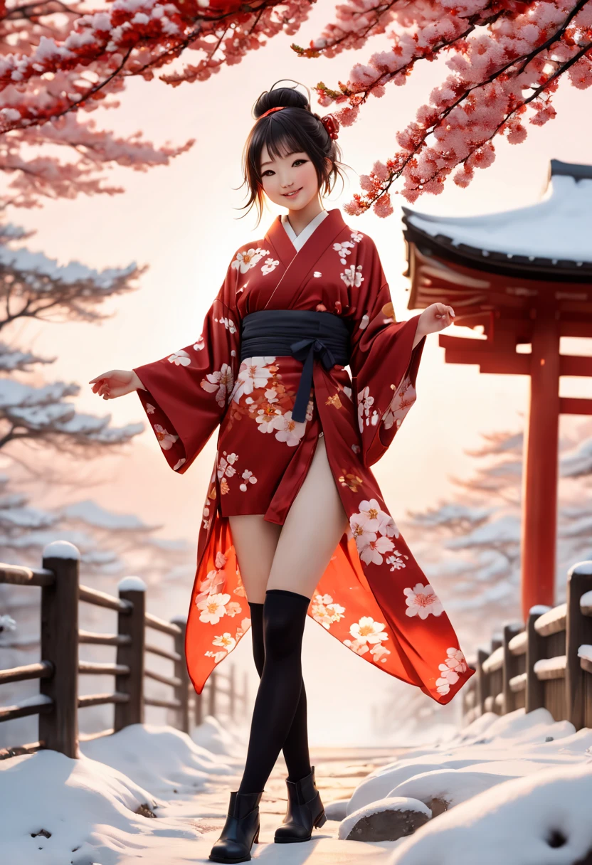 Japanese ink painting, cute girl, kimono robe, thigh-highs, boots, happy, dynamic pose, "HAPPY NEW YEAR", 2024, landscape, sunrise, winter, red tone color, bloom effect, ambient occlusion, Bokeh, depth of field, (best quality, masterpiece, Representative work, official art, Professional, 8k:1.3)