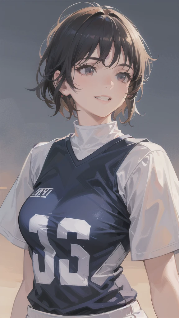 (gray background:1.5, close shot:1), (realistic:1.4), (highest quality:1.0), (ultra high resolution:1.0), 8K, RAW photo, (masterpiece:0.2), 1 girl, beautiful skin, fine skin, big smile, teeth, (short hair:1), (football uniform:1.2)
