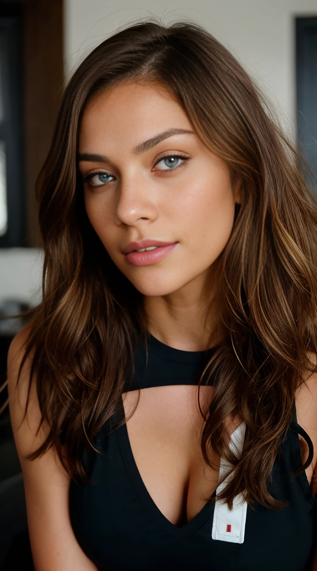 Beautiful brunette with blonde highlights wearing a Black t-shirt (in a room ), highly detailed, 22 years old, , boobs, innocent face, natural wavy hair, blue eyes, high resolution, Masterpiece, Best quality, Intricate high detail, Highly detailed, Sharp focus, Detailed skin, realistic skin texture, texture, detailed eyes, professional, 4k, charming smile, shot on Canon, 85mm, shallow depth of field, Kodak Vision Color, Perfect Fit Body , extremely detailed, photography_\(ultra\), Photorealistic, Realistic, Post-processing, maximum details, roughness, real life, ultra realistic, Photorealism, photography, 8k UHD, photography, busty