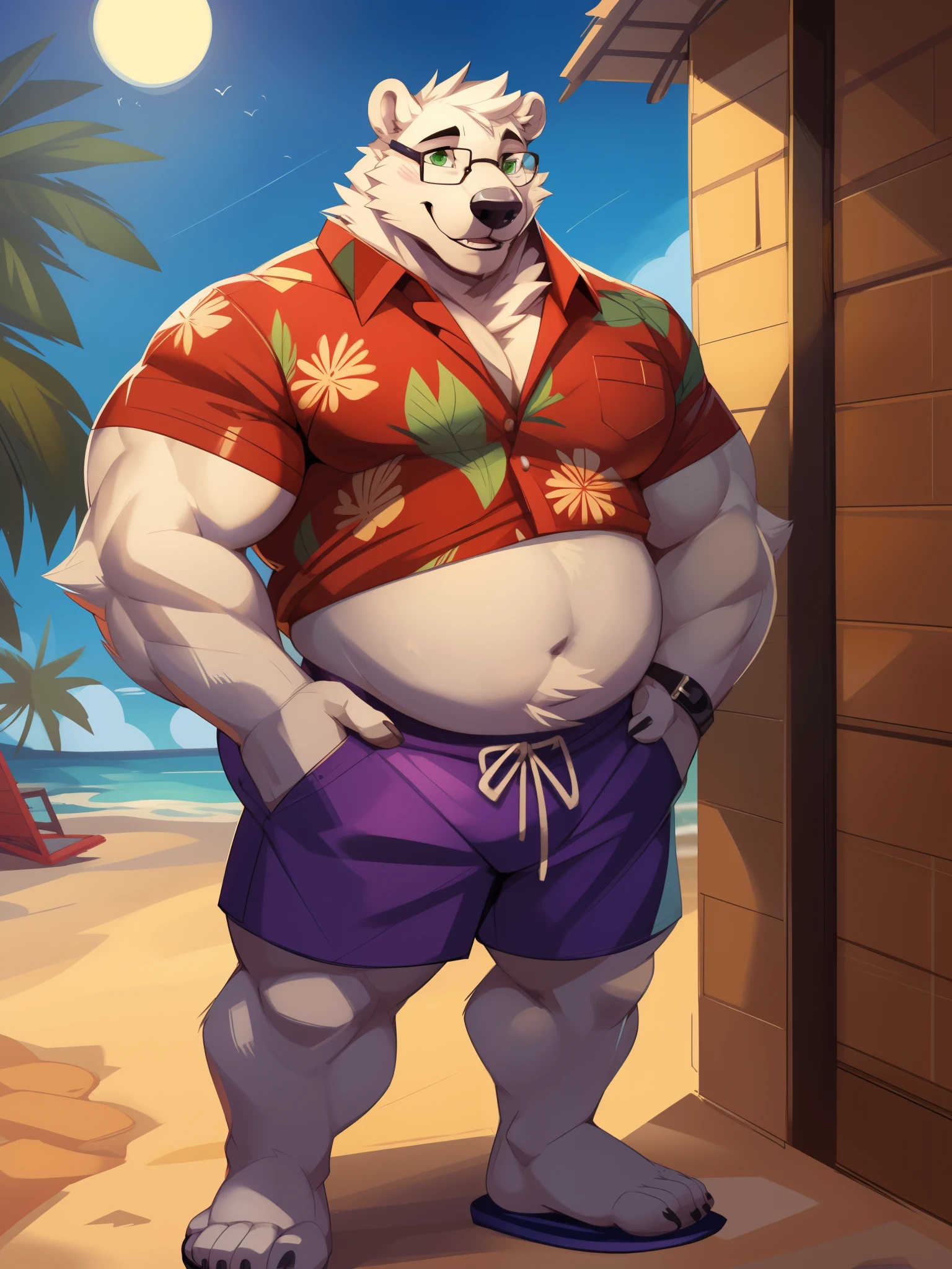 by mystikfox61, author：flash trap boy, by juice, by dark gems, alone, male, polar bear, white fur, green eyes, delicate eyes, Detailed hands, muscular, overweight, muscular intestine, big biceps, smiling, Glasses, Wear beach shorts，Wearing a Hawaiian short-sleeved shirt，flipflops, holding a cocktail, Standing in a charming street by the sea，dusk，Surprised face，looking at the audience，blush