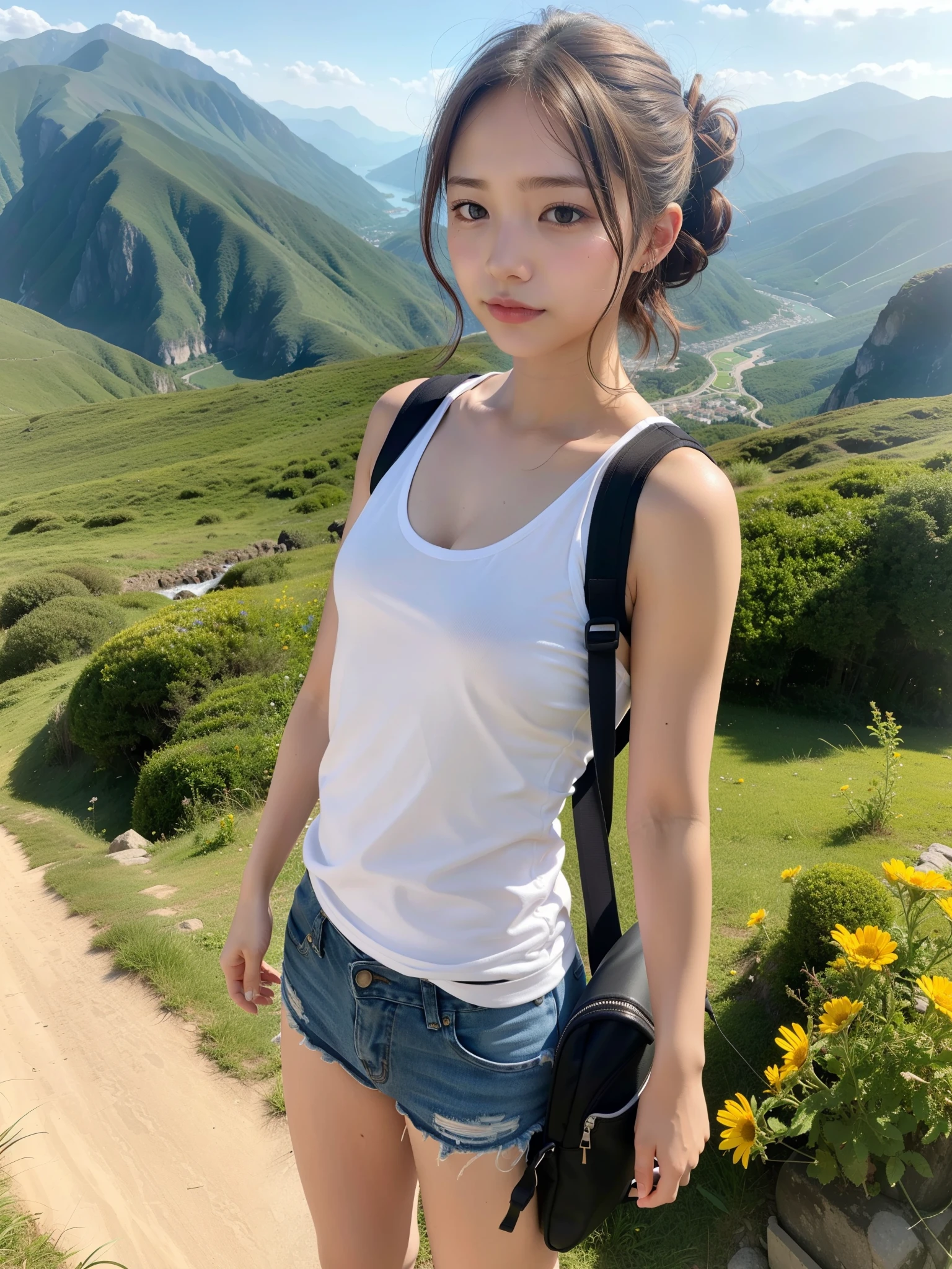 mountain climbing, Carrying a backpack, nude, ((of the highest quality, 8K, masutepiece: 1.3, Raw photo)), Sharp Focus: 1.2, (1 AESPA Girl :1.1), (Solo: 1.18), (Realistic, Photorealistic: 1.37), (Face Focus: 1.1), Cute face, hyperdetailed face, Short messy hair, updo, (Small breasts, flat chest: 1.3), Thigh, flower, from below