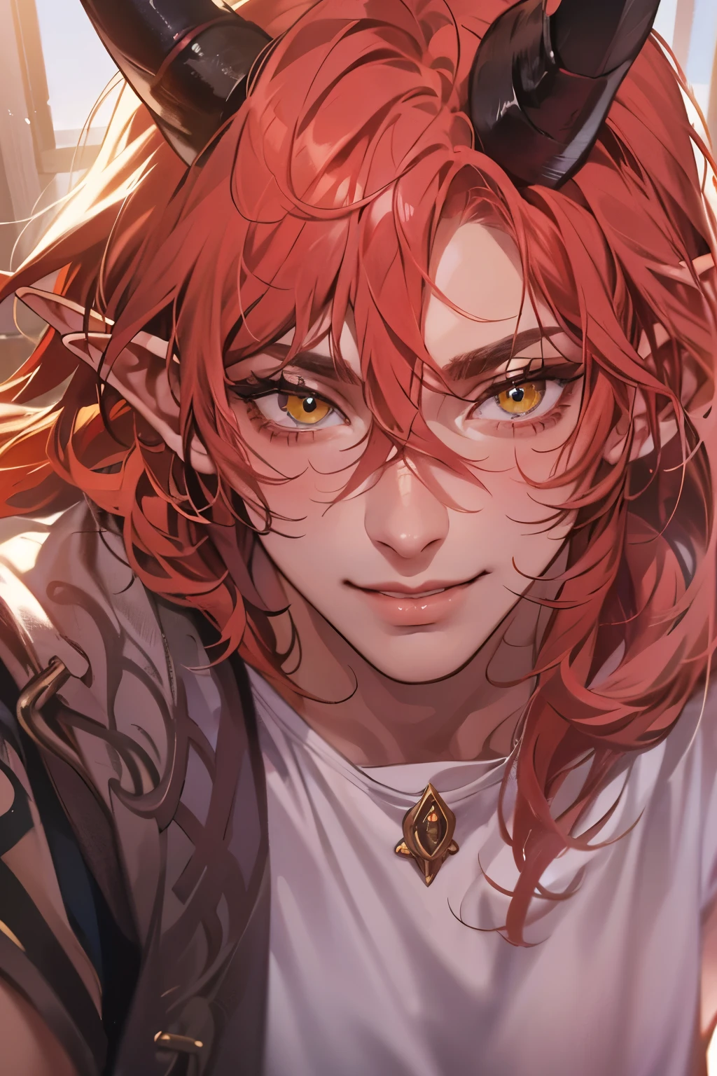 (table top, digital art, digital illustration, 4K, 8K, super detailed, beautiful images, clear image, realistic, RAW photo, perfect face, perfect lines, perfect eyes, soft lighting) 1 male human, (Red hair、long hair、amber eyes,messy hair、Bullish look,Smile confidently、Demons、Two black horns grow from its head.、Pointed elf-like ears、32 years old:1.3),ハンサムなmale性, (White t-shirt with dowel dowel、vest、muscular、Thin macho,Firm shoulder width, male:1.2),Sit on a throne with your legs crossed、The king、Demon King、hair fluttering in the wind、Sunburned healthy skin、desert oasis、