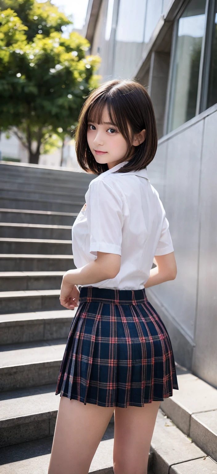 (masterpiece:1.3), (Realistic, RAW Photos, highest quality: 1.4), (One Girl), Beautiful Face, (超Realistic Face、シンメトリーのBeautiful Face), (Short black hair, short hair:1.6、bangs:1.3、Show off your beautiful ears), Beautiful Hairstyles, (Realistic eyes), Beautiful details, Long eyelashes, (Realistic Skin), Beautiful Skin, [Big Breasts:1.3], {Huge|big|Hugeな|Mega} chest, (Perfect body:1.3), (Detailed body:1.2), (tie), (Collared shirt, Pleated skirt:1.3), Absurd, charm, Ultra-high resolution, Ultra-realistic, Very detailed, Golden Ratio,Very cute beautiful woman、28 years old、Beautiful angle from behind、Background in front of the school building、smile、shut up.