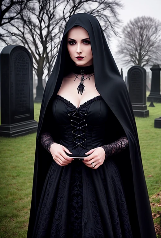 arafed woman in a black dress and cloak in a dark cemetery, portrait of a dark witch, gothic maiden of the dark, dark witch, dark robed witch, dark sorceress, beautiful witch female, portrait of a dark goddess, beautiful female witch, gothic maiden, beautiful witch spooky female, beautiful necromancer, dark fantasy style