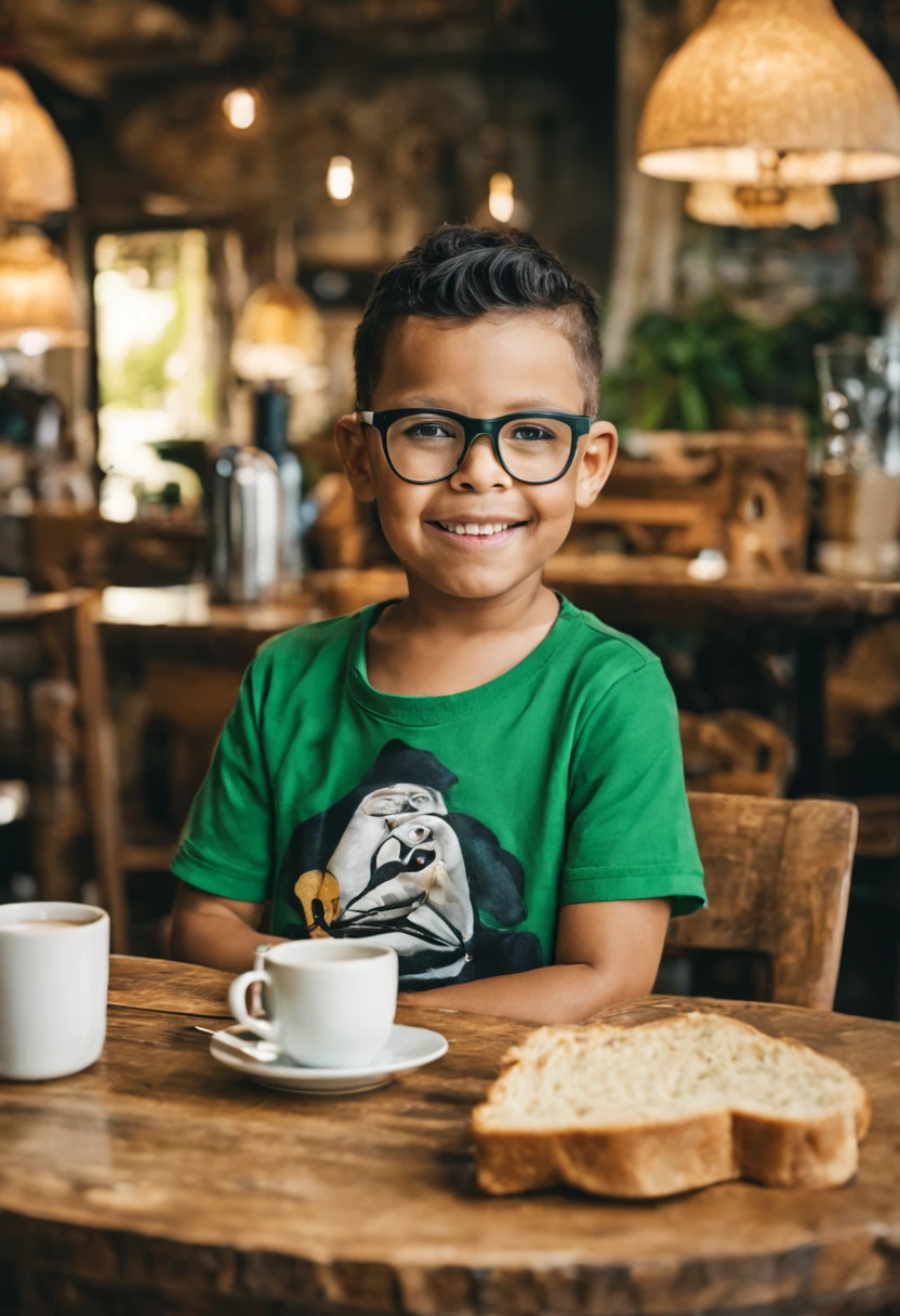 Craft an intricate and detailed image portraying a 3-year-old boy, black-haired and bespectacled, wearing a green t-shirt and jeans, seated in a sophisticated café with rustic wooden furniture. In front of him, place a steaming cup of coffee and a slice of buttered bread. Create a warm and inviting ambiance with careful attention to lighting, capturing every detail and adding depth to the scene. The resolution should be 8k. gutto2024lora 