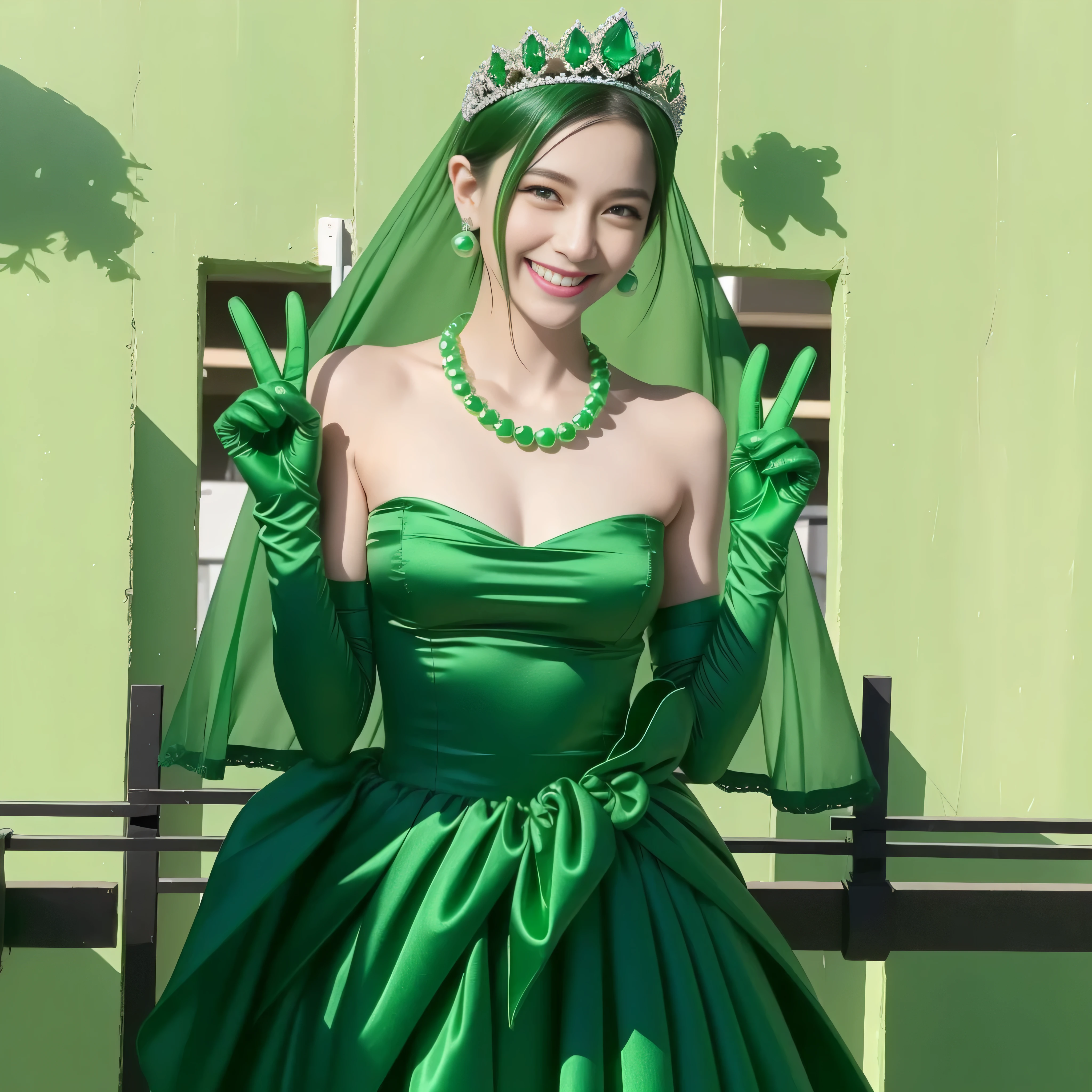 emerald tiara, Green Pearl Necklace, Boyish very short green hair, lipstick, Japan woman smiling, very short short hair, big breasts beautiful, green eyes, Long green gloves made of satin material, green eyes, v sign, Emerald Earrings, green vale, 緑の髪
