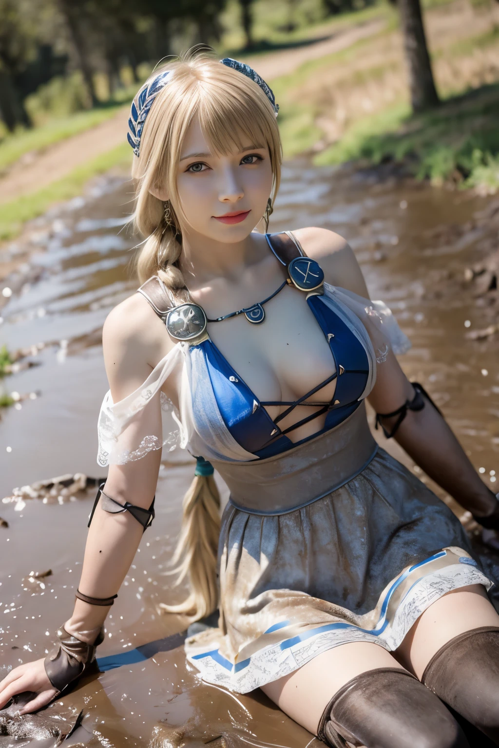 Dirty Sophitia,dirty sophitia,upper body up,close up of face,Sophitia with a pained expression on her face,Sophitia frowns.,surreal写真, 泥にdirty sophitia, open your mouth, bright red lipstick, Mud flows thickly over my body, high heels covered in mud, choker with mud, muddy decollete, There's mud on my face, Muddy face, 18 year old woman covered in mud,、 Underbust corset with mud splash, muddy white fishnet tights, hair covered in mud, muddy corset, medium chest size, long legs,, Natural skin texture with plenty of mud, 4K texture, outdoor atmosphere, surreal,Sophitia covered in mud,Sophitia covered in mud、blonde dirty hair,blonde long hair,Braid,blue eyes,jewelry,arm,cleavage,sword,armor,shield,earrings,single Braid,belt,covered nipples,armored ドレス,hair ornaments,holding arm,Very long blonde hair,lips,bare shoulders,bangs,gloves,hair ribbon,necklace,skirt,clavicle,feather,revealing clothes,bangle,elbow gloves,greek clothing,Braided ponytail,High resolution, scenery,masterpiece,very dirty clothes,dirty smell,lie on your back in the mud,swim in the mud,fall into the mud