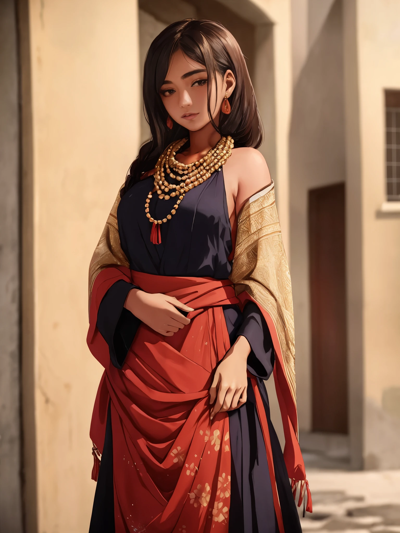 arafed woman with a necklace and a scarf standing in front of a wall, shot on canon eos r5, shot on canon eos r 5, shot with sony alpha, portrait of a young age girl, young himalayan woman, captured on canon eos r 6, wearing an elegant tribal outfit, shot with sony alpha 1 camera, a young asian woman