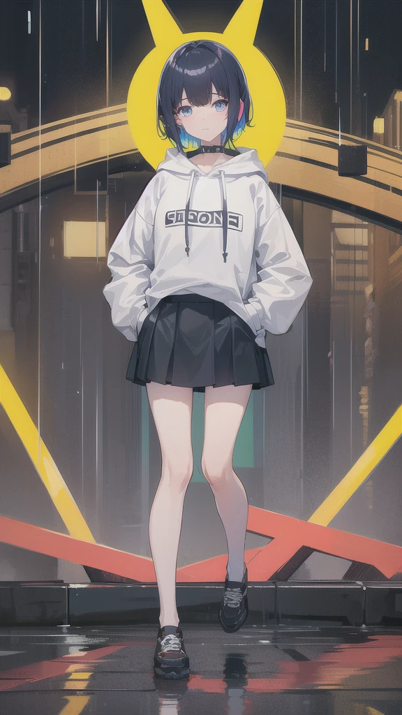 8K resolution、((highest quality))、((masterpiece))、((super detailed))、1 female、solo、incredibly absurd、oversized hoodie、headphones、street、outdoor、rain、neon、short cut hair、bright colored eyes、put one&#39;s hand in one&#39;s pocket、mini skirt、water dripping