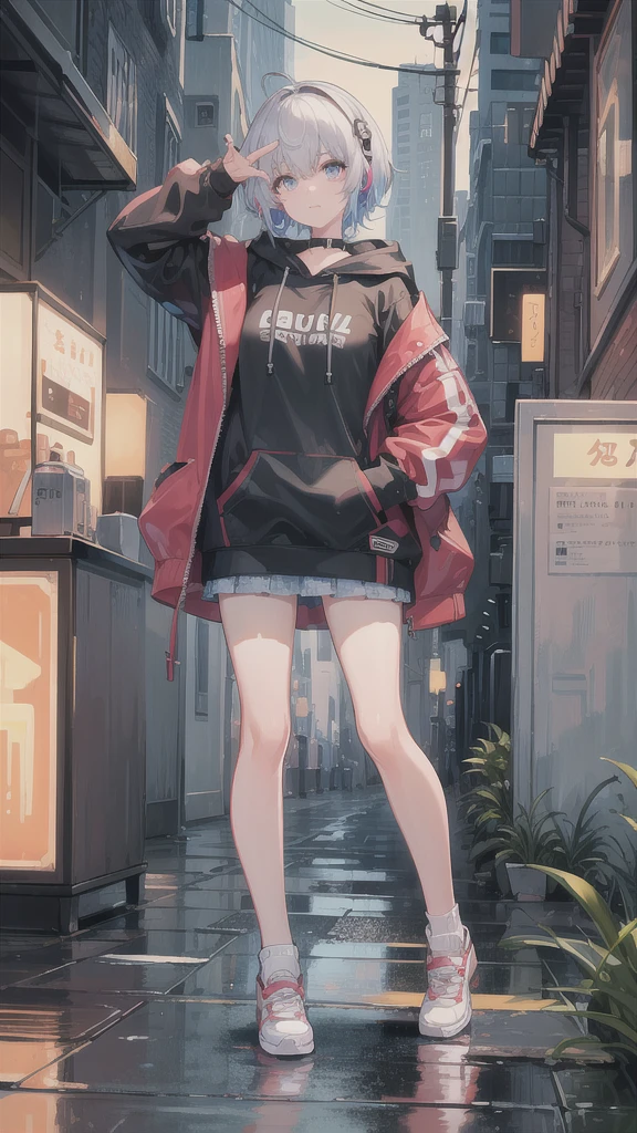 8K resolution、((highest quality))、((masterpiece))、((super detailed))、1 female、solo、incredibly absurd、oversized hoodie、headphones、street、outdoor、rain、neon、short cut hair、bright colored eyes、put one&#39;s hand in one&#39;s pocket、mini skirt、water dripping