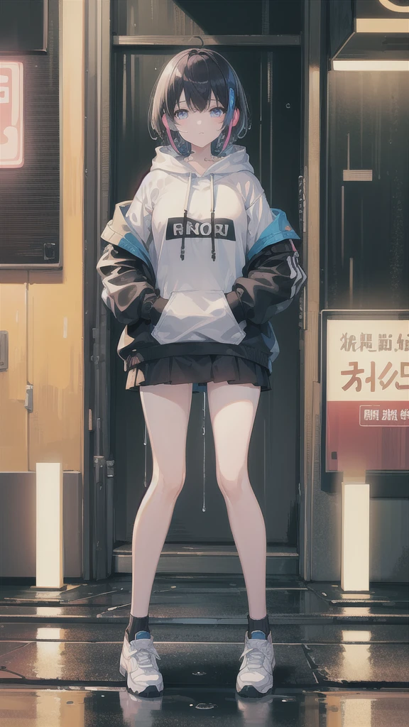 8K resolution、((highest quality))、((masterpiece))、((super detailed))、1 female、solo、incredibly absurd、oversized hoodie、headphones、street、outdoor、rain、neon、short cut hair、bright colored eyes、put one&#39;s hand in one&#39;s pocket、mini skirt、water dripping