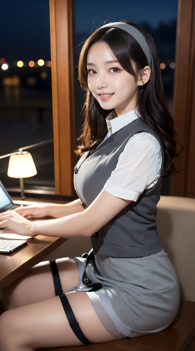 (((full body,including legs)))、(((オフィスレディ、OL、office lady、little smile、gray tight vest)))、(((horseshoe-shaped hairband)))、sexy,formal ,high heel、Dressed up、(Photo real:1.4)、(A hyper-realistic:1.4)、(Photorealistic:1.3)、 (gentle lighting: 1.05)、(Improve the lighting quality of your video:0.9)、32k、 1Girl、25years old girl、photorealistic lighting、Back lighting、Facial Lights、Ray Trace、(bright:1.2)、(Increase quality:1.4)、 (best quality real texture skin)、Fair eyes,Delicate and delicate face、 (tired and sleepy and satisfied : 0.0), Close-up of the face,gray tight vest,tight gray blouse [button gap :1.2],very tight shirt ,((([see through shirts:1.5]))), gray midium skirt , ((gray stocking)),(Bodyline mood improvement:1.1)、Glossy skin、wavy hair、韓国アイドル、乃木坂アイドル、Sculptural Idol Pose、little smile,blush,Beautiful actress、Neat woman,whole body, large breasts,(perfect row of teeth),slender waist and hip,beautiful long legs,(full shot)、((8heads tall)、(((誘惑している、恥ずかしい)))、random dynamic pose,(eye shadow),(red cheek、red lips),(Super Clean Night View、night time)、blush,little smile,(((full shot)))、(a little open the legs),(((in the luxury night office)))
