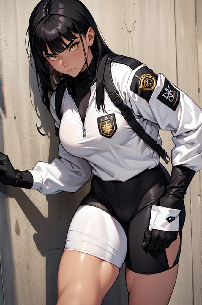 short legging white, short legging white, meia calça preta, meia calça preta, short em cima da meia calça,1girl muscular pale skin black hair yellow eyes black against wall sad sad sad sad tight short leggings white thick thick thick thick muscular muscular muscular muscular muscular girl dark dark, meias calça marrom, coxas sexy, belos olhos, meia calça preta, meia calça marrom , , best quality, highres, solo, black hair, , black gloves, bike_shorts, bangs, white shirt, badge, medium breasts, cowboy shot white , frown, , leaning forward, pointing at viewer