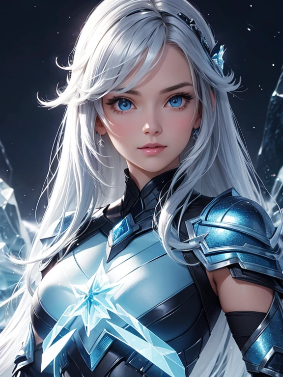 (best quality), (high detail), (1girl), a beautiful (dark hair) frost sorceress (ice blue 1:1) looking over her shoulder, wearing radiant magical armor(vibrant color), with ice crystals forming around her, ice storm, ice queen, arctic magic, HDR, UHD, 4K, 8K, 3D.