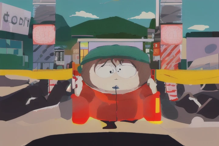 One Character of Eric Cartman and All Character of Country run out Chinese Mall on Fire, art style of South Park, Artist style of Kim Sujeong, Artist style of Hellper 