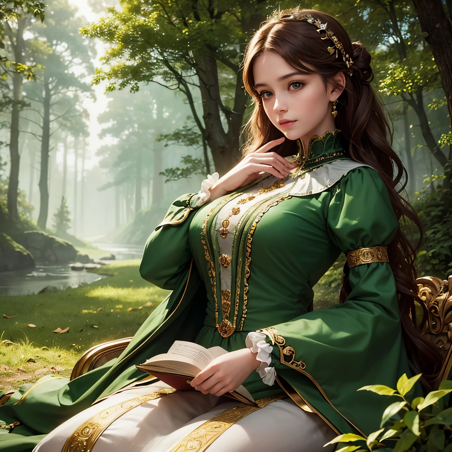 Cover of a high-quality and meticulously detailed book, realistic, Victorian style, Featuring a captivating image of a young lady in the heart of an enchanting forest, surrounded by golden leaves and radiant fairies, a beautiful young girl with long brown hair and bright green eyes, Dotted with endearing moles on her face, possessing doll-like features inspired by a fairy tale, Clad in white, green, and brown attire, each detail evidently clear.