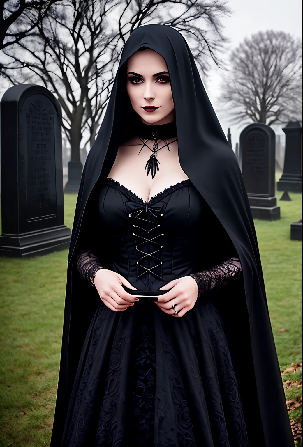 Beautiful 20 year old woman, (large tits:1.1), with short messy wavy black hair, wearing a (red:1.3) and black corset and black cloak with gothic qualities, standing in a foggy cemetery at night holding an old style lantern, red lipstick, realistic skin texture, cross necklace, (looking at camera:1.3), (Gothic Art:1.4), photo realistic, 8k