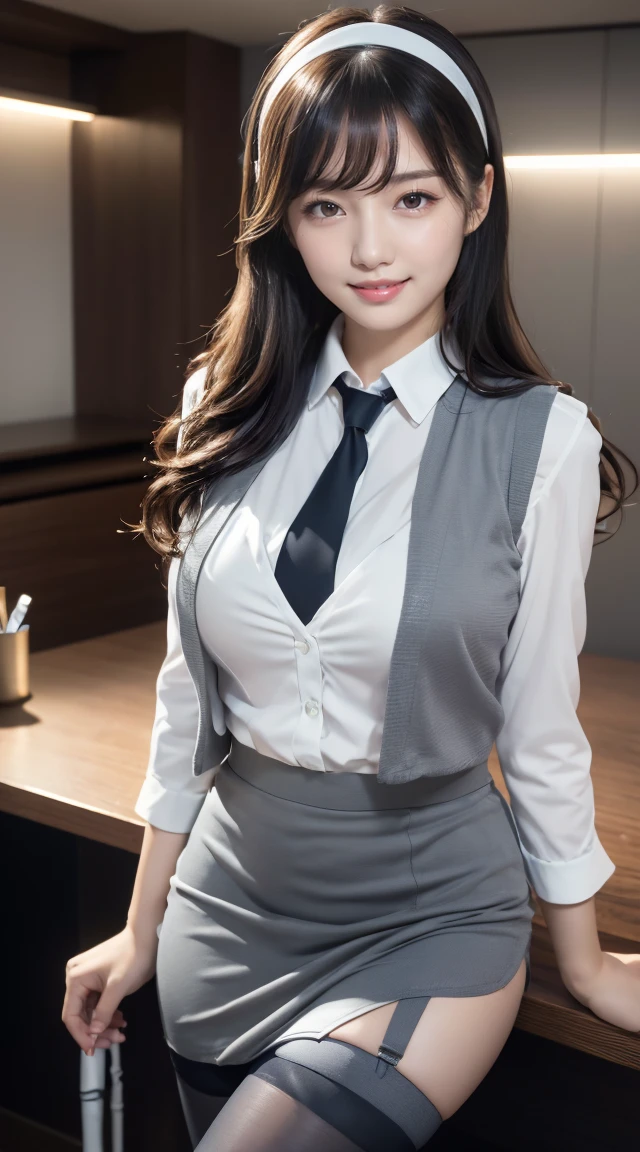 (((full body,including legs)))、(((オフィスレディ、OL、office lady、little smile、gray tight vest)))、(((horseshoe-shaped hairband)))、sexy,formal ,high heel、Dressed up、(Photo real:1.4)、(A hyper-realistic:1.4)、(Photorealistic:1.3)、 (gentle lighting: 1.05)、(Improve the lighting quality of your video:0.9)、32k、 1Girl、25years old girl、photorealistic lighting、Back lighting、Facial Lights、Ray Trace、(bright:1.2)、(Increase quality:1.4)、 (best quality real texture skin)、Fair eyes,Delicate and delicate face、 (tired and sleepy and satisfied : 0.0), Close-up of the face,gray tight vest,tight gray blouse [button gap :1.2],very tight shirt ,((([see through shirts:1.5]))), gray midium skirt , ((gray stocking)),(Bodyline mood improvement:1.1)、Glossy skin、wavy hair、韓国アイドル、乃木坂アイドル、Sculptural Idol Pose、little smile,blush,Beautiful actress、Neat woman,whole body, large breasts,(perfect row of teeth),slender waist and hip,beautiful long legs,(full shot)、((8heads tall)、(((誘惑している、恥ずかしい)))、random dynamic pose,(eye shadow),(red cheek、red lips),(Super Clean Night View、night time)、blush,little smile,(((full shot)))、(a little open the legs),(((in the luxury night office)))