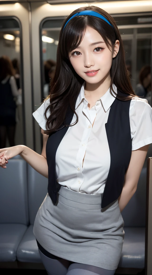 Masterpiece, top quality, very detailed, good anatomy, perfect anatomy, long hair, big breasts, promising smile, dark hair, beautiful face, blush, beautiful eyes, 22 years old, mature, perfect hands , perfect fingers, blush, Japanese stewardess black uniform, black pencik mini
Skirt uniform, hat,