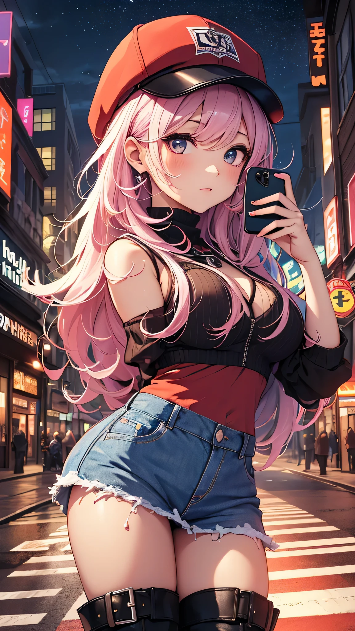 (topless), nsfw, masterpiece, magazine cover, 1 girl, erect nipples, las vegas, neon lights, nipples, high angle, intricately detailed, navel, necklace, holding smartphone, beautiful face, latex skirt, micro skirt, smiling, extremely detailed, photorealistic, octane render, 8 k, unreal engine. hat, bare breasts, bare stomach, sweaty, detailed, cowboy shot, small breasts, puffy nipples, black belt, leg strap, hair ribbon, texts, sexy, shirtless, bare arms, hands on waist, pink hair, slim waist, ite body, night, outdoors, white hair, blue eyes, leaning forward, nipple chain