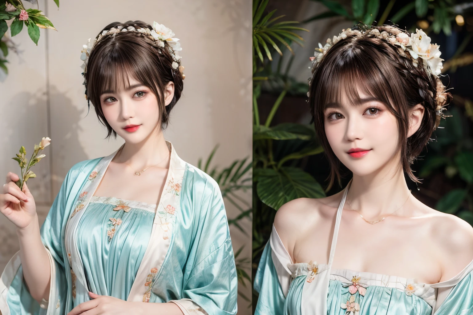 148
(20 year old woman,Floral costume), (surreal), (High resolution), ((beautiful hairstyle 46)), ((short hair:1.46)), (gentle smile), (breasted:1.1), (lipstick)