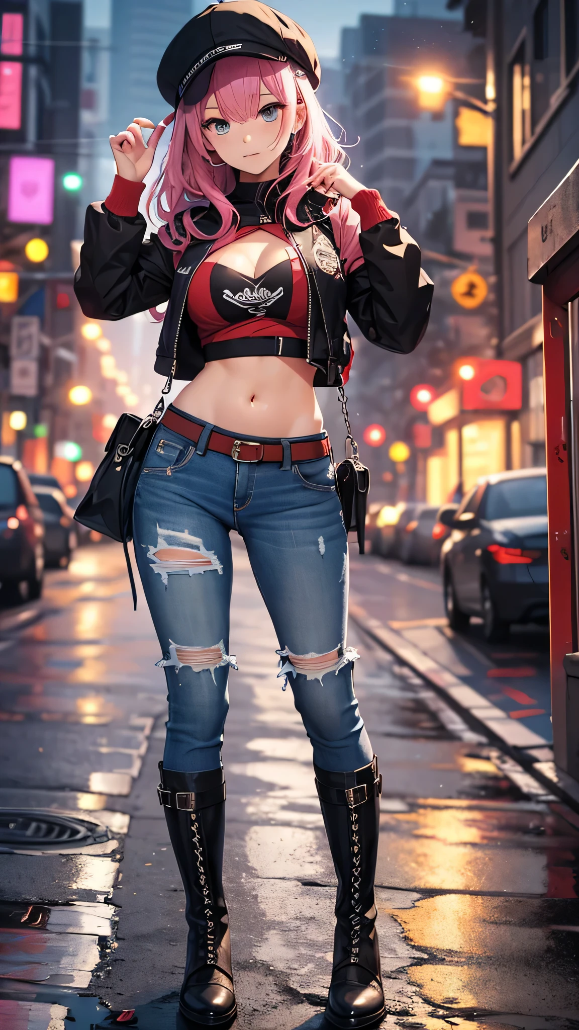 最high quality、best image quality、masterpiece、teenage girl((18-year-old、 By becoming、vest bust、medium bust,wide open breast tea、black eye, pink hair、long hair、thin,highest valley、toned chest、Have a smartphone、Selfie Pose、Kick Pose、red hat、Multicolored shirts、Damaged jeans pants、knee high boots)),high quality、beautiful art、background((cyber road at night)),debris flies、Depth of written boundary、movie、visual art、perfect art、8K,genuine