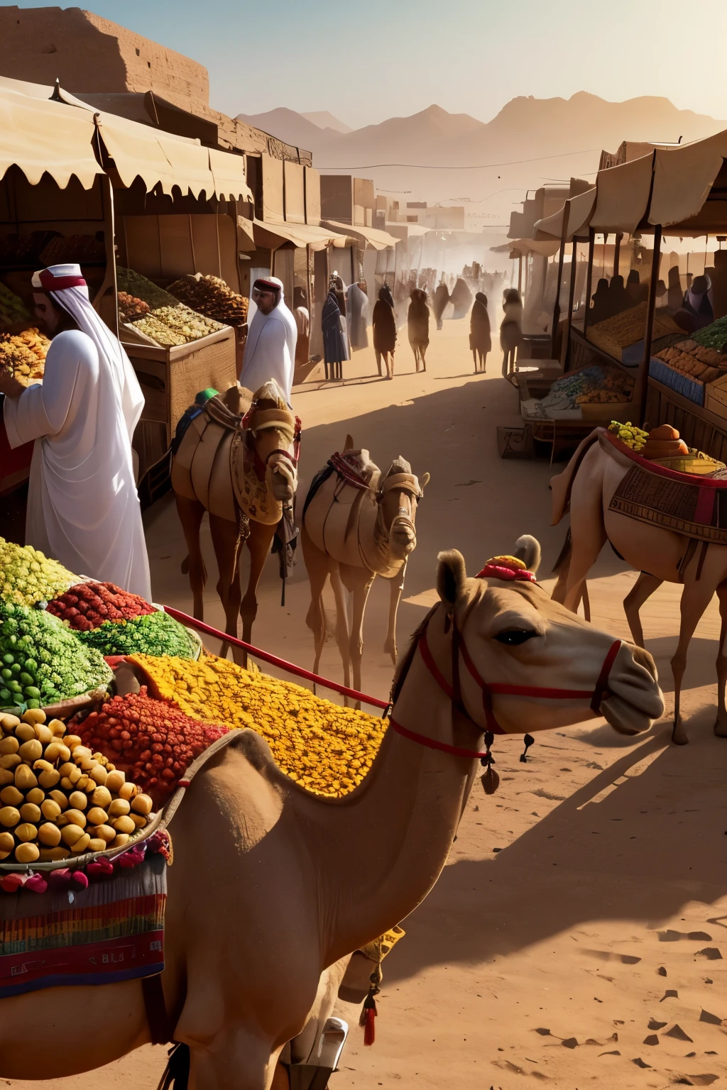 Arab traders in ancient Egypt, a vibrant scene at a desert market, camels passing by in the background, animated representation, cinematic style, 1:1 aspect ratio, capturing the essence of the bustling marketplace, intricately detailed traders with turbans and robes, sun-kissed faces, and expressive eyes, high-definition visuals, lifelike character designs, bold colors, and dynamic lighting, immersive and engaging animation. 8K resolution, 3840 x 2160 pixels, meticulously crafted for a cinematic experience.