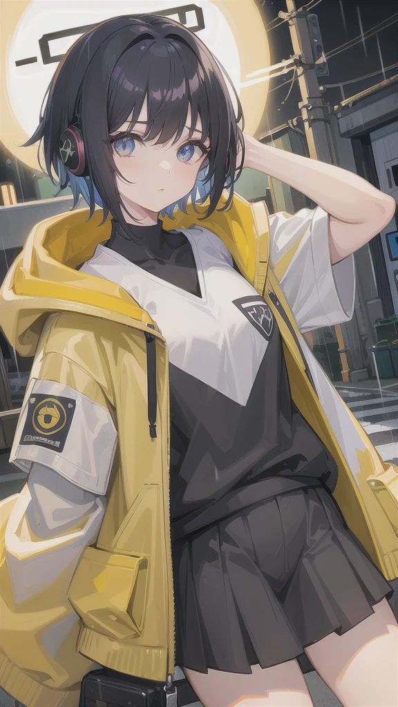 night, ((1 girl)), alone, masterpiece, 8k wallpaper, High resolution, disorganized, high quality background, short hair, black hair, multi-colored hair, 8K resolution、((highest quality))、((masterpiece))、((super detailed))、1 female、solo、信じられないほどdisorganized、oversized hoodie、headphones、street、outdoor、rain、neon、short cut hair、bright colored eyes、put one&#39;s hand in one&#39;s pocket、mini skirt、water dripping、cyber punk