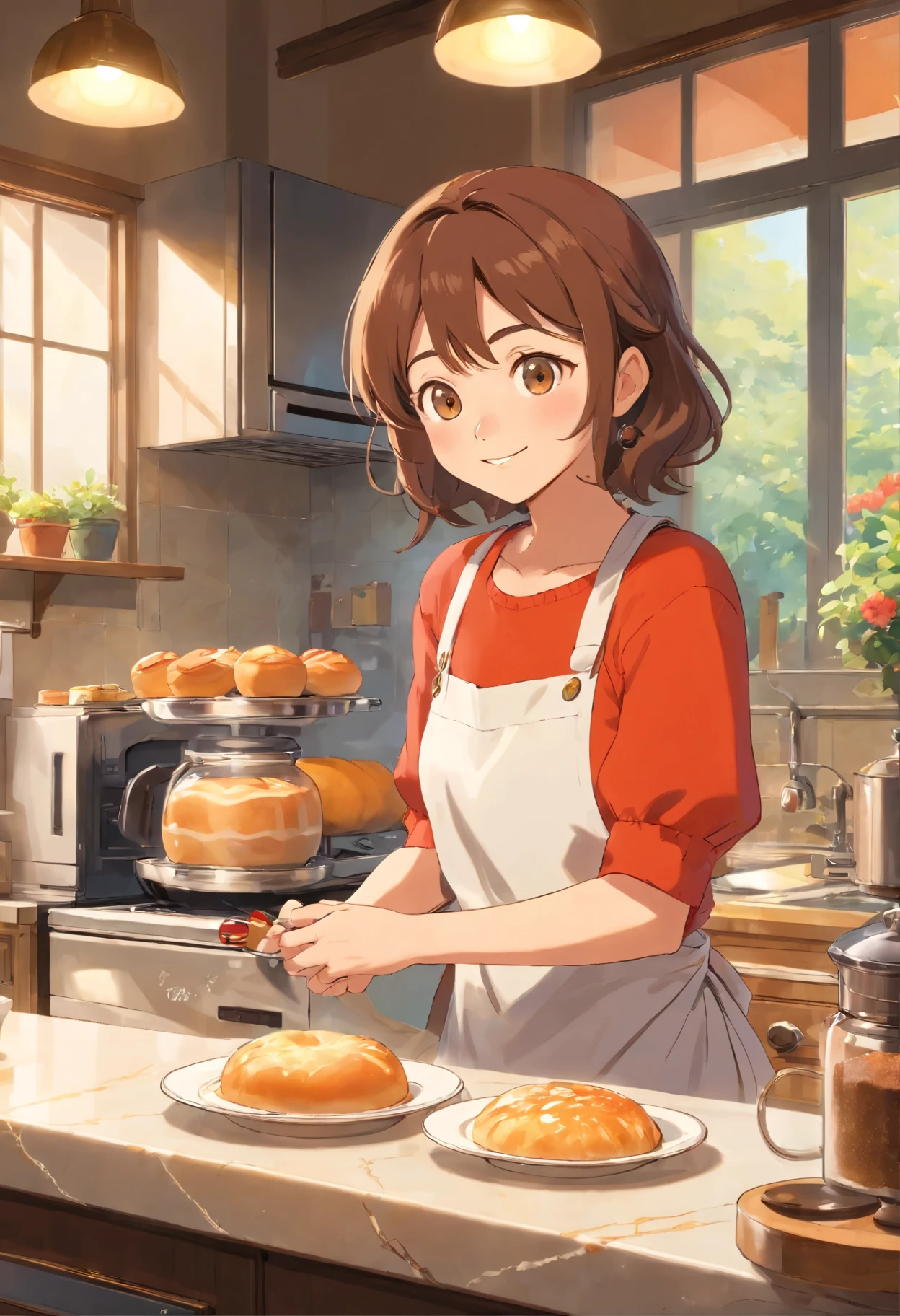 (best quality,4k,highres,masterpiece:1.2),vivid colors,sharp focus,physically-based rendering,ultra-detailed,professional,clean lighting,beautiful detailed eyes,beautiful detailed lips,wavy hair,attractive face,voluptuous figure,alluring smile,fit and stunning physique,confident posture,spacious and well-lit kitchen,modern kitchen appliances,marble countertops,stainless steel sink,gleaming glass cabinets,freshly baked goods on the counter,steam rising from a cup of coffee,detailed texture on the walls,subtle shadows and highlights,dynamic composition,domestic bliss.