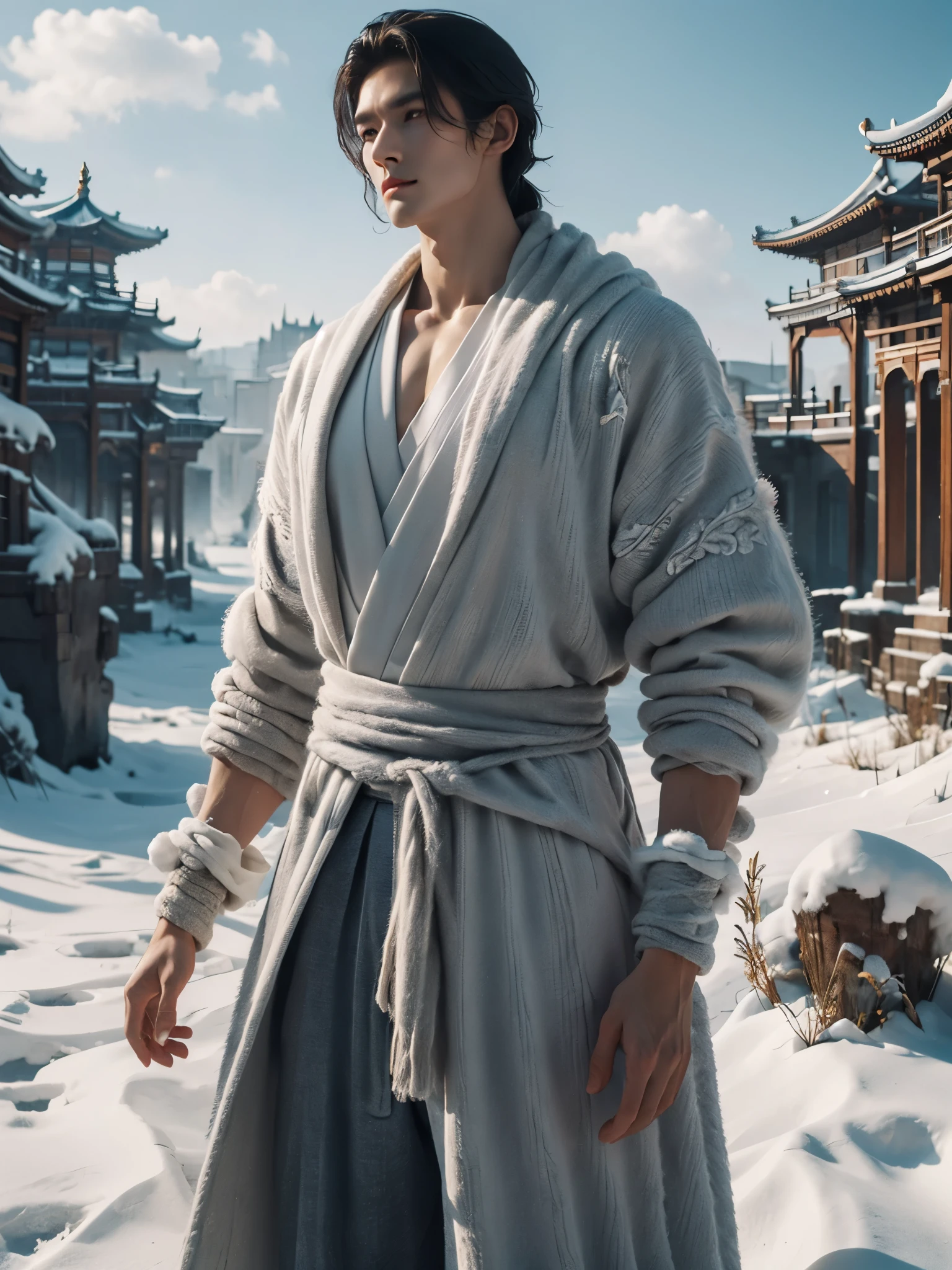 male character design），（Melancholy handsome Chinese man Pan An is looking at the camera：1.37），（Pan An wears modern and fashionable men&#39;s blue sweater suit pants：1.37），Pan An’s skin is fair and flawless，The bridge of his nose is high and straight，(long,Messy shawl hair：1.1），（double eyelids, Bright Eyes, Big clear and bright eyes），sad prince，Food with red lips and white teeth，gentle melancholy，Pan An is tall and tall.，He has a strong physique，Toned muscles，Fresh and toned abs, His exquisite facial features，Kingly style， messy black hair,Wind magic, background：Blue urban street night scene，snow，