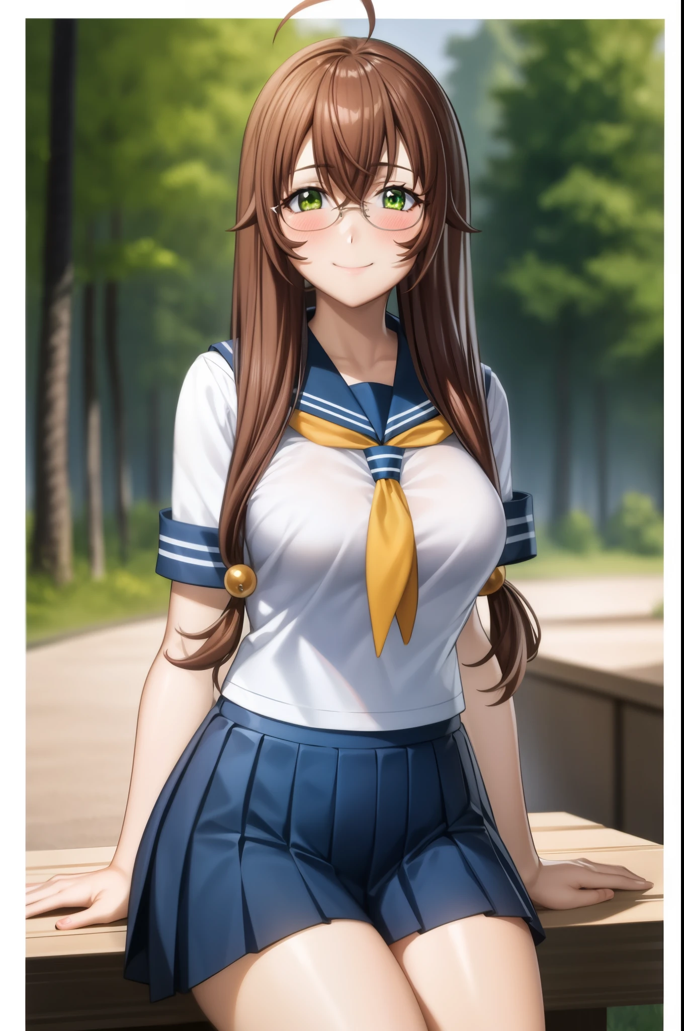 perfect eyes:1.2, detailed eyes:1.4, rubygentokuwz, twintails, brown hair, twintails, smile, skindentation, tight clothes, blush, nature, glossy skin, very long hair, green eyes, school uniform, serafuku, pleated skirt, blue skirt, hair ornament, large breasts, glasses, cowboy shot, 1girl, solo, (masterpiece:1.6, best quality), 8k, insane details, intricate details, hyperdetailed, hyper quality, high detail, ultra detailed, professional, HDR, ray tracing reflection, cinematic lighting,