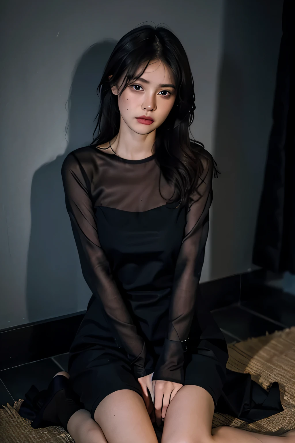 best quality, masterpiece, ultra high resolution, lifelike, original photo, unified 8k wallpaper,(night:1.1), dark blue theme,dim lights,low profile,
1 girl,see through dress,black nightgown,messy hair, (sad,Disappointed,cry,frown,tears:1.1),weak girl, empty room,(sit on the floor, against the wall:1.1), window, Transparent curtains,
