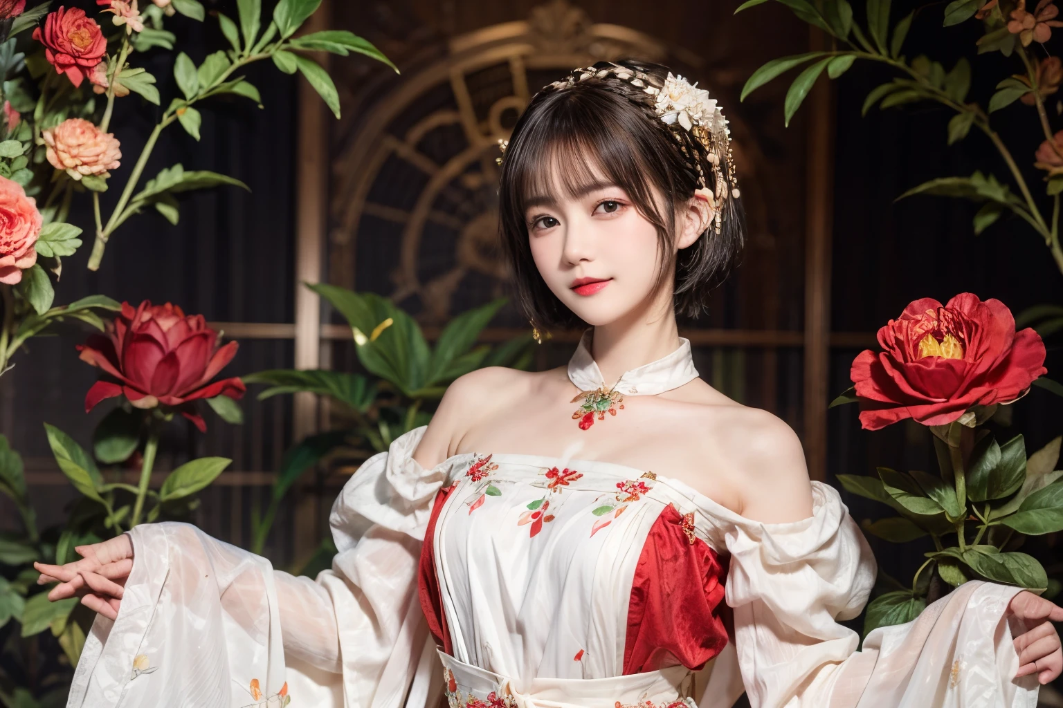 148
(20 year old woman,Floral costume), (surreal), (High resolution), ((beautiful hairstyle 46)), ((short hair:1.46)), (gentle smile), (breasted:1.1), (lipstick)