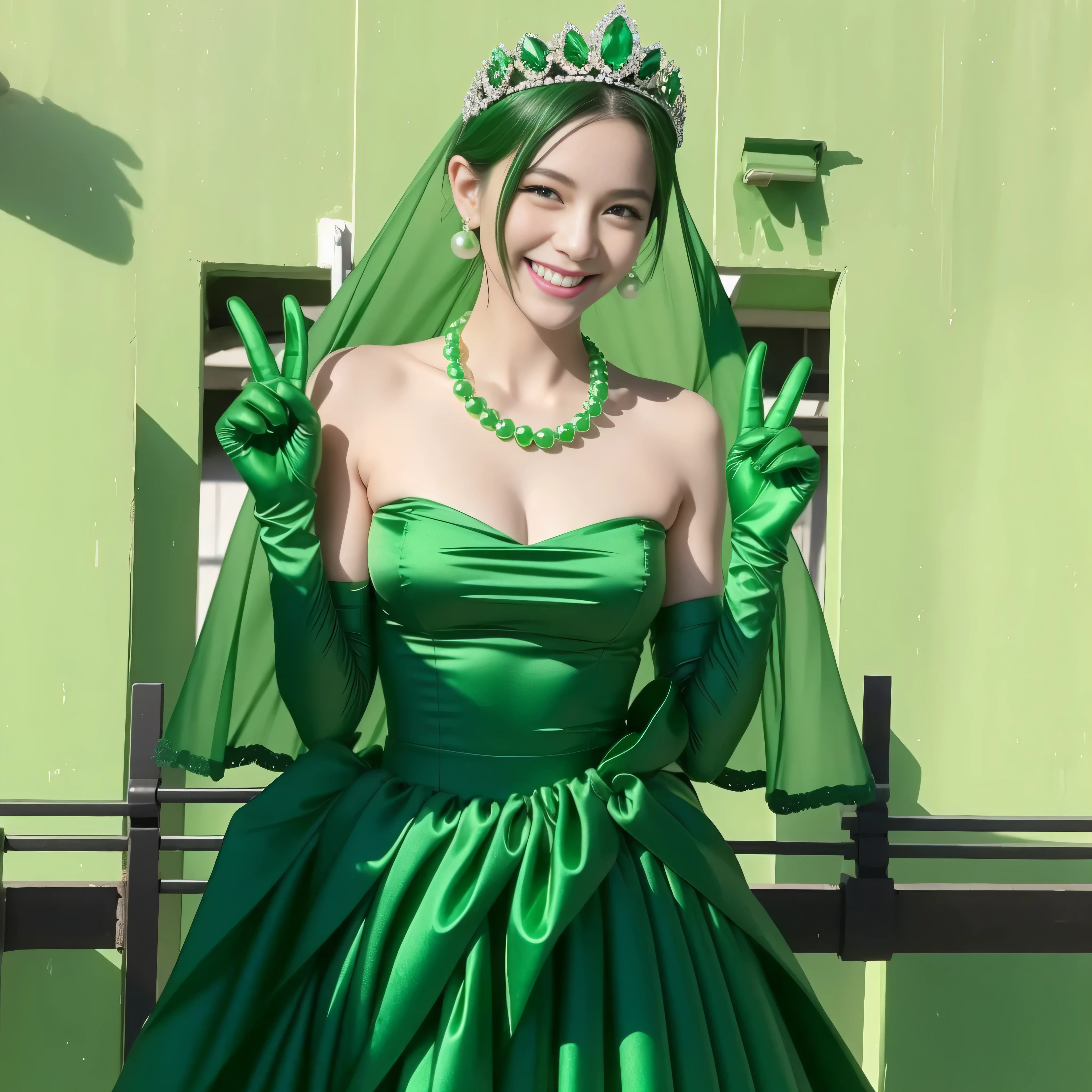 emerald tiara, Green Pearl Necklace, Boyish very short green hair, lipstick, Japan woman smiling, very short short hair, big breasts beautiful, green eyes, Long green gloves made of satin material, green eyes, v sign, Emerald Earrings, green vale, 緑の髪
