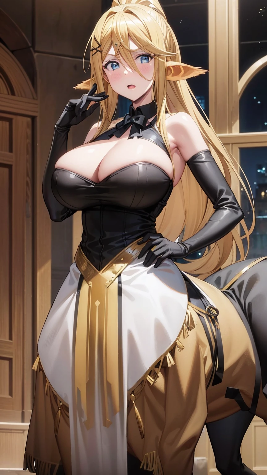 obra maestra, Mejor calidad, ultra detallado, high resolution,(((Imagen perfecta))), (absurdos), 1 chica, Solo, Centorea Shianus, (centaur:1.3), (adorno para el pelo, x adorno para el pelo:1.3), guantes, black guantes, nude), (falda negra:1.3), mirando al espectador, nipples, massive tits, full body