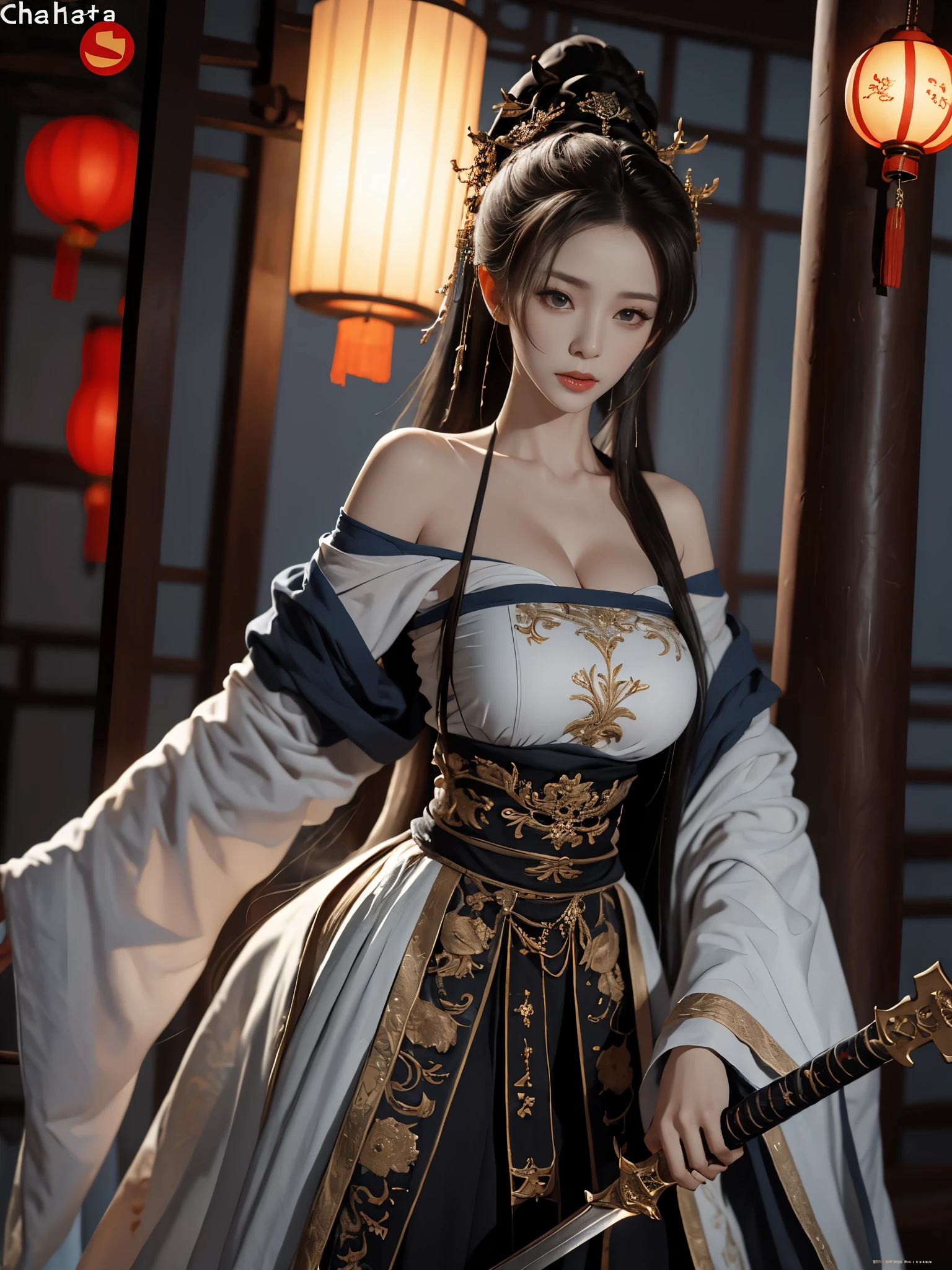 (active attention), (in the darkness: 1), (best quality), poster, Very detailed, 8k wallpaper, Volumetric lighting, dynamic lighting, a girl, long black hair, ponytail, knight, Black and white ink painting style, Holding a long sword ready to swing, Chinese style, fighting stance, drama composition, Sword qi surrounding, Rich picture detail, light,