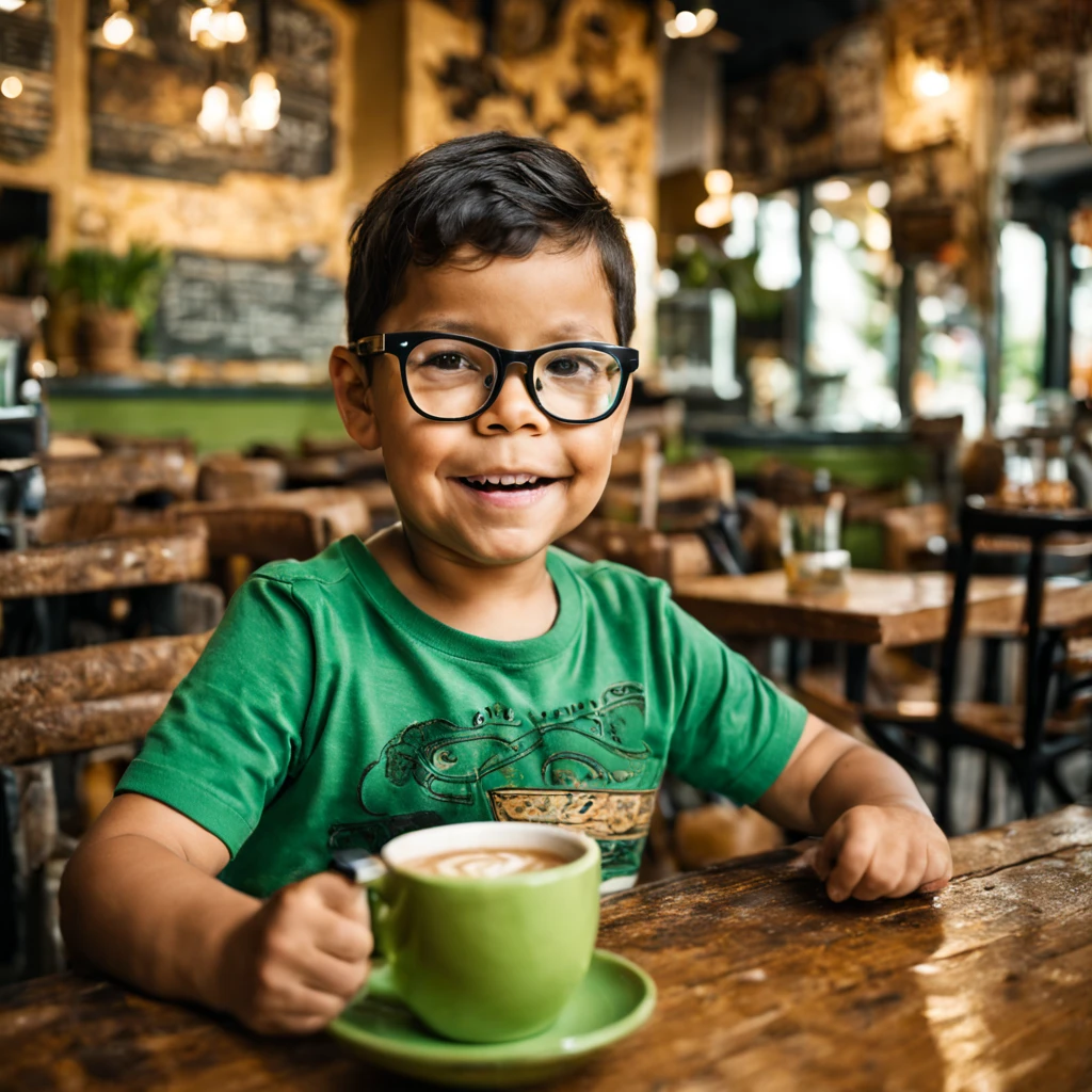 Craft an intricate and detailed image portraying a 3-year-old boy, black-haired and bespectacled, wearing a green t-shirt and jeans, seated in a sophisticated café with rustic wooden furniture. In front of him, place a steaming cup of coffee and a slice of buttered bread. Create a warm and inviting ambiance with careful attention to lighting, capturing every detail and adding depth to the scene. The resolution should be 8k. gutto2024lora 