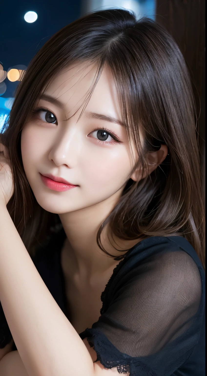 table top, highest quality, figure, super detailed, finely, High resolution, 8k wallpaper, 完璧なダイナミックな構figure, beautiful and fine eyes, elegant winter clothes,medium hair,small breasts natural color lip, bold sexy pose,smile、20 year old girl、cute、sexy looking at camera,night,beautiful and detailed face,elegant face,perfect and beautiful face,Slim face and body,spread your arms wide、background blur