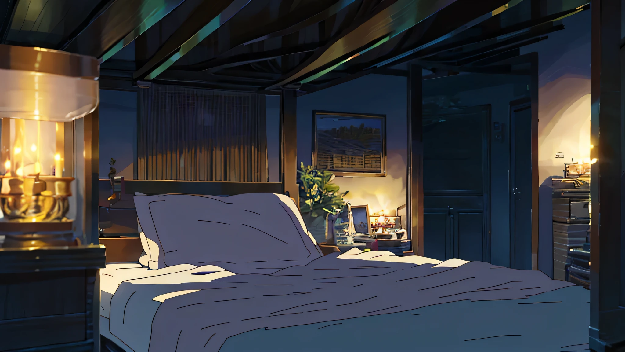 **Prompt para a Cena Relaxante Estilo Lofi - Quarto Aconchegante com Velas:**
Descreva um quarto decorado com extremo aconchego, where candles are strategically lit, criando uma atmosfera calorosa e relaxante. Detalhe a lareira crepitante no canto, projetando sombras reconfortantes nas paredes. Add the presence of a cute anime character, as a small mascot or a recognizable character known for its cuteness. This character is enjoying the peaceful environment, talvez deitado em uma almofada ou explorando curiosamente os arredores. Integrate elements of lofi music to accentuate the serenity of this retreat, onde o protagonista e o personagem fofo compartilham um momento de paz e tranquilidade.