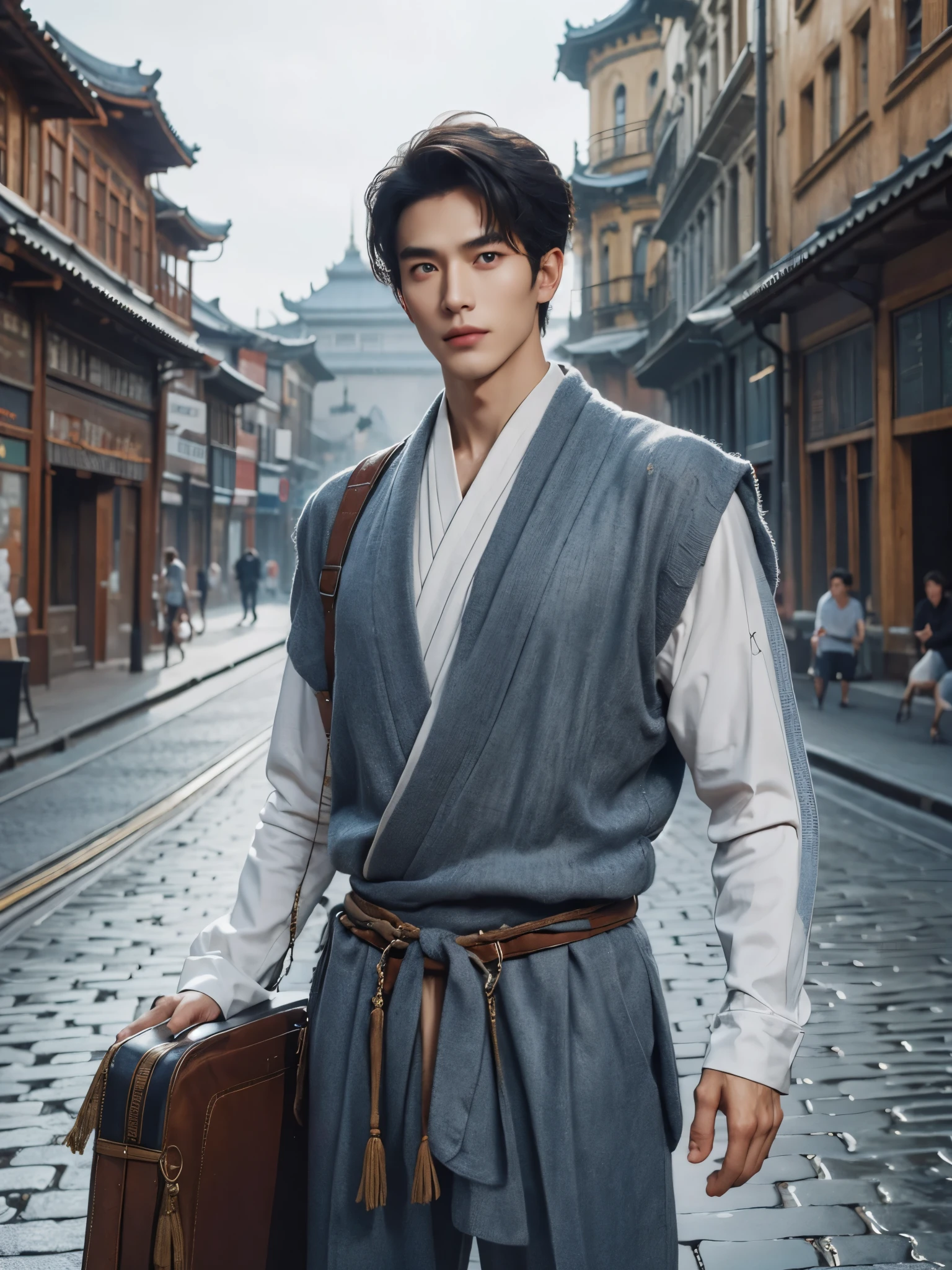 male character design），（Melancholy handsome Chinese man Pan An is looking at the camera：1.37），（Pan An wears modern and fashionable men&#39;s blue sweater suit pants：1.37），Pan An’s skin is fair and flawless，The bridge of his nose is high and straight，(long,Messy shawl hair：1.1），（double eyelids, Bright Eyes, Big clear and bright eyes），sad prince，Food with red lips and white teeth，gentle melancholy，Pan An is tall and tall.，He has a strong physique，Toned muscles，Fresh and toned abs, His exquisite facial features，Kingly style， messy black hair,Wind magic, background：blue store，（Main color blue：0.8）